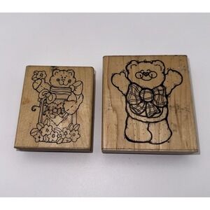 DOTS This Much Bear Q129 Honey Bear N215 Wood Rubber Stamp Lot Of 2 Vintage 90s